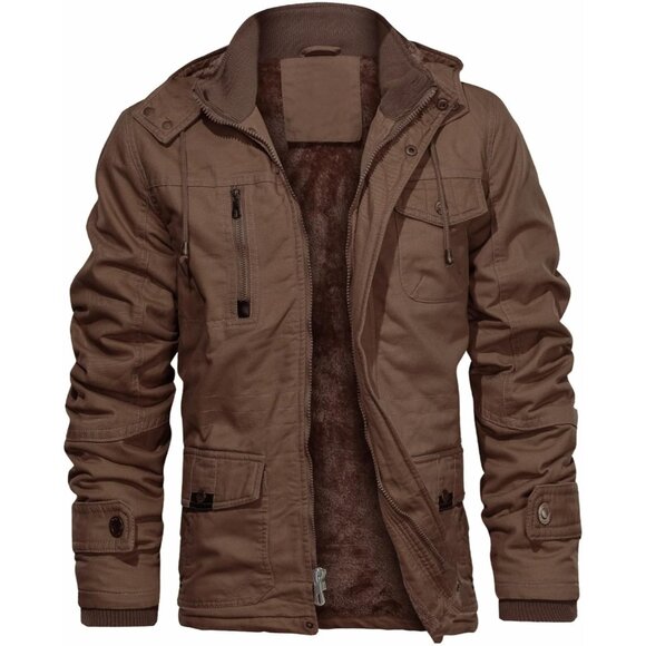 Mens Brown Thick Winter Jacket Hooded Fleece Lined Cotton Military Coat - Picture 1 of 6